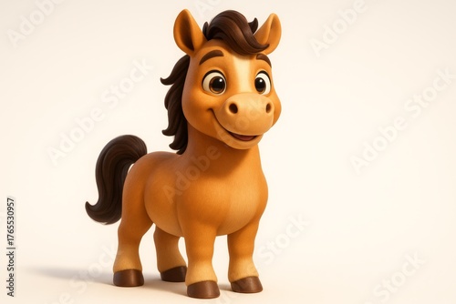 Charming 3d cartoon horse with big eyes and joyful expression, ideal for children designs, toys or friendly brand mascots.