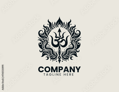 Intense stylized Hindu Trishula trident vector illustration entwined with snake and surrounded by Om symbol and flame elements