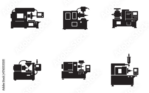 Diverse Collection of Manufacturing Machines Silhouette Illustrations for Industrial Automation and Precision Engineering Applications