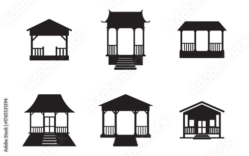 Diverse Gazebo Silhouette Collection for Landscape Design and Architectural Elements Black and White Illustration