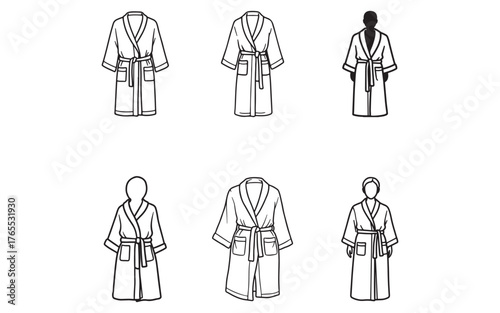 Elegant bathrobe collection showing diverse styles in black and white outline with different person silhouette representations