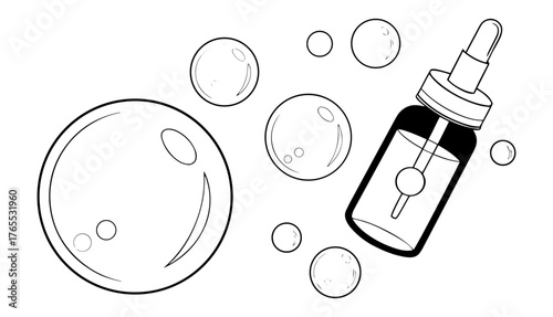 A vector illustration of a spoon holding a set of pills in black and white next to a clear glass of water and a blue medicine bottle