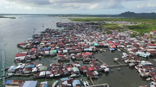 Aerial footage of traditional fisherman village at Semporna, a city on east coast of Sabah in Malaysia, Tawau District, Borneo island
