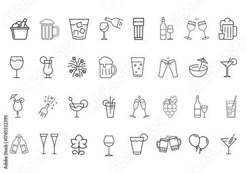Alcohol drink Glass cup line icon set for celebration, line empty icon, drink glassware,
Beverage, editable stroke, cocktail in beer mug, wineglass, cup, Vector Outline of glass utensil