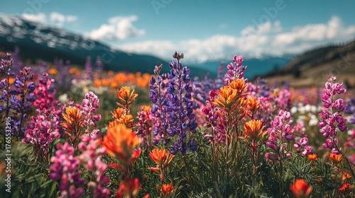 Fototapeta Naklejka Na Ścianę i Meble -  Vibrant wildflower meadow bursts with colorful lupine and Indian paintbrush under a clear blue sky