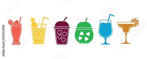 set of icons for smoothie, fruit juice, and drinks in vector format. beverage glass, fresh and healthy, strawberry shake, summer cocktail, cup food smoothie fruit juice drink glyph pictogram.