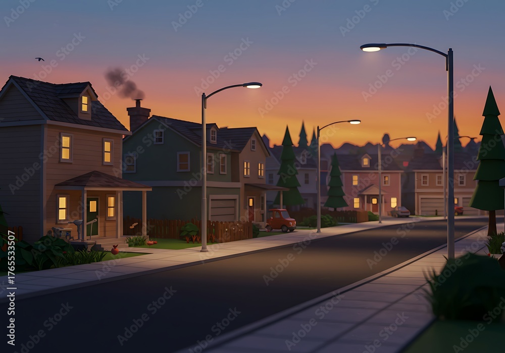 Fototapeta premium Illuminated suburban street at twilight, cozy houses and glowing streetlights in a peaceful residential neighborhood.