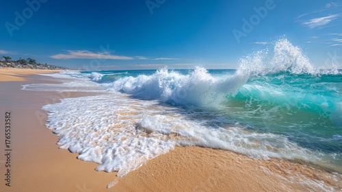 Fototapeta Naklejka Na Ścianę i Meble -  Dynamic turquoise ocean wave crashes onto golden sandy beach under a clear blue sky, creating refreshing coastal spray