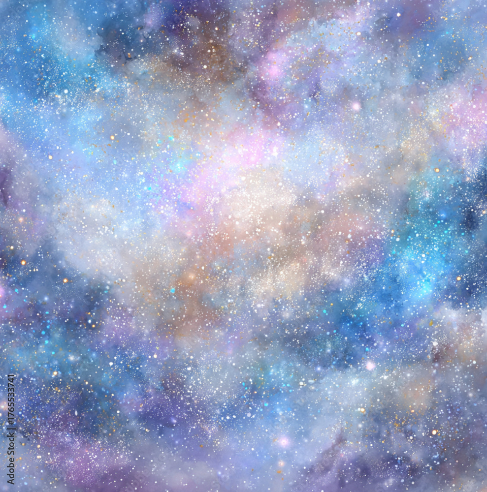 Naklejka premium This is an abstract digital artwork depicting a cosmic scene filled with flowing colors, scattered stars, and ethereal textures, evoking a sense of wonder.