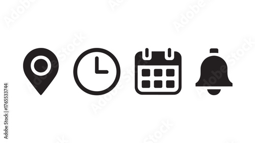Set of simple notification icons location pin clock calendar and bell flat vector glyph design elements isolated on white background