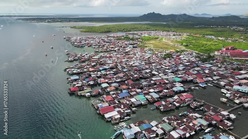 Aerial footage of traditional fisherman village at Semporna, a city on east coast of Sabah in Malaysia, Tawau District, Borneo island