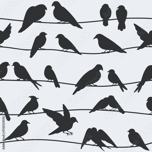 Birds flock sitting on wires, seamless pattern. Perched winged animal silhouettes on electric power lines, endless background. Repeating print, texture for textile design. Flat vector illustration