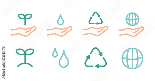 手で水・芽・木・地球・リサイクルマークを持っている環境とサステナビリティのシンプルラインアイコンセット｜Simple Line Icons Set for Environment and Sustainability