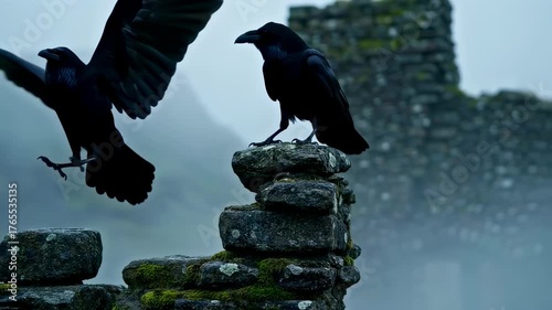 Mysterious Ravens on Ancient Ruins in Foggy Atmospheric Setting