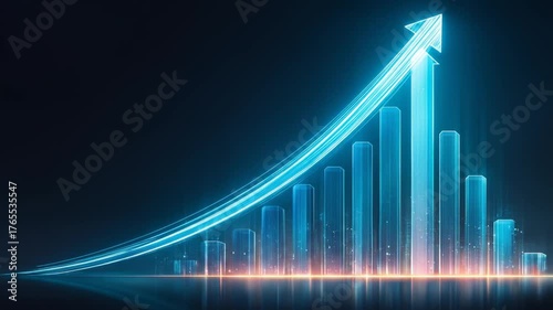 Rising bright blue bar graph on a dark background with rising arrow pointing upwards