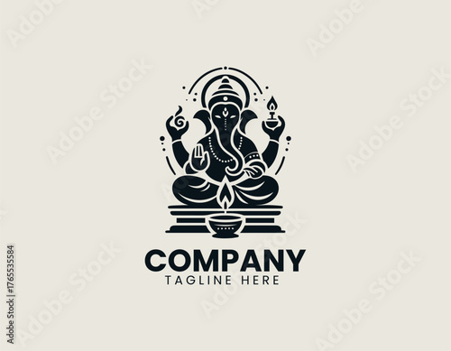 Majestic Hindu deity Ganesha silhouette vector illustration seated with raised hand and illuminated oil lamp