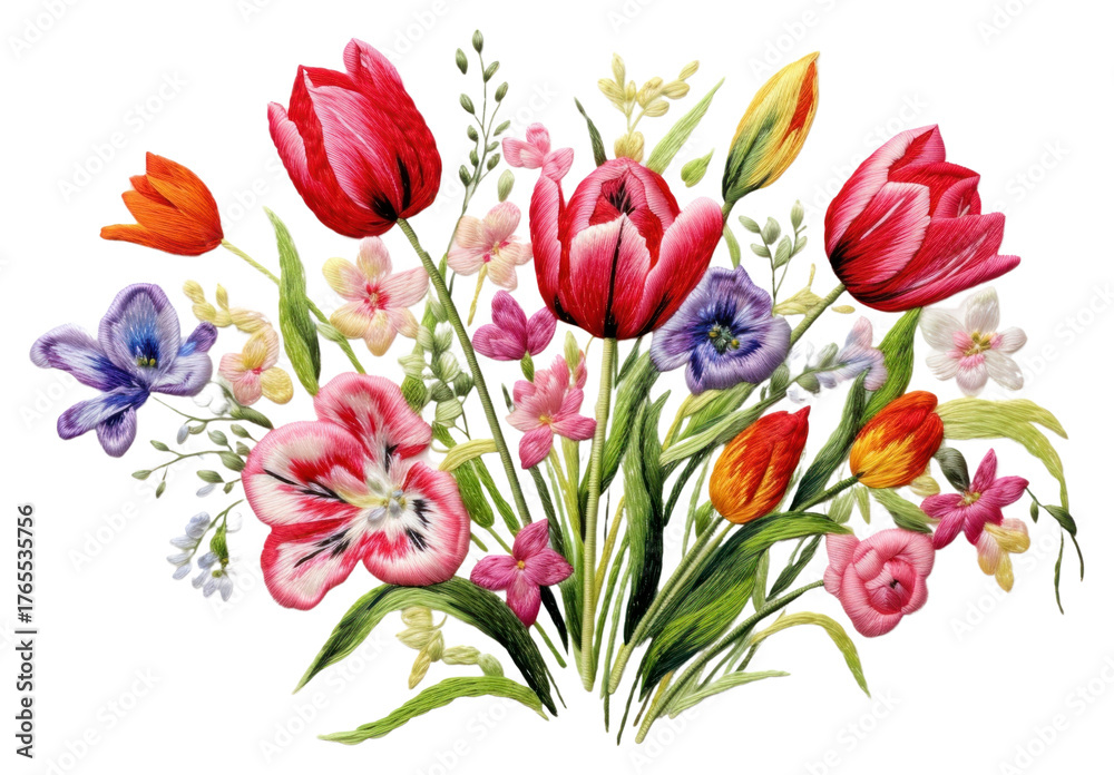 Naklejka premium PNG Tulip bouquet in embroidery style flower plant art.