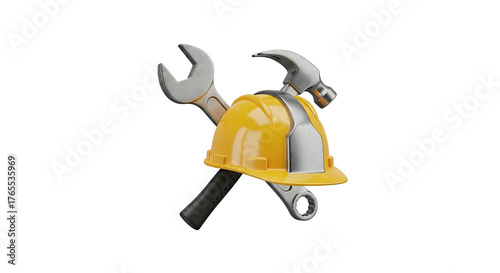 Construction safety helmet with wrench and hammer professional work tools