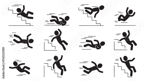 Set of falling stick figures from stairs accident and danger vector illustration isolated on white background