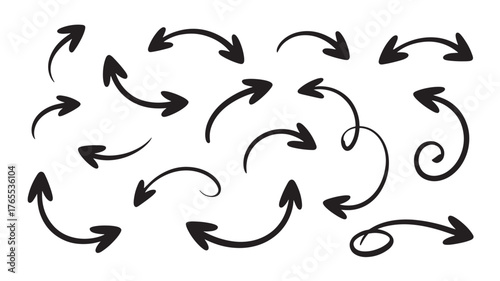 Set of hand-drawn arrow vectors simple curved direction indicators design elements isolated on a white background