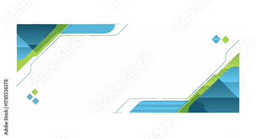 Futuristic Geometric Design with Blue and Green Accents on a White Background, Ideal for Modern Technology and Business Presentations