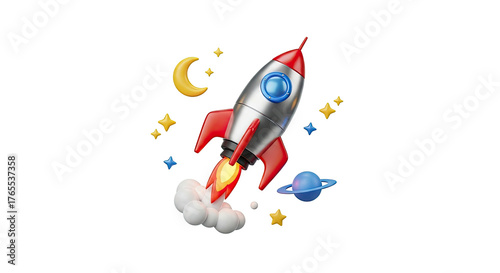 3 d rocket launching into space with stars moon and planet illustration