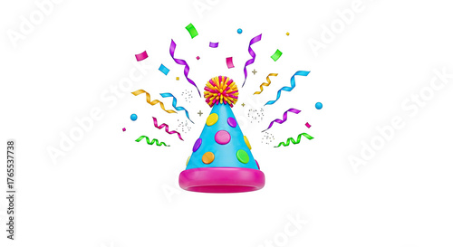Colorful party hat with exploding confetti festive celebration graphic