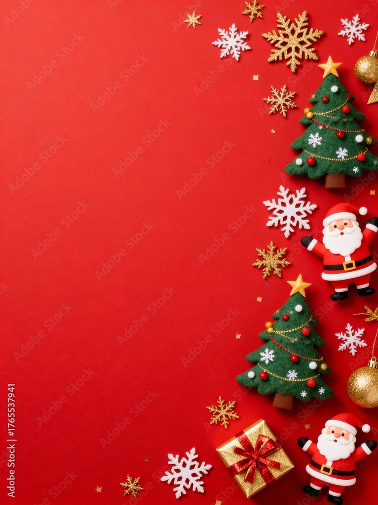 Obraz premium Festive Christmas decorations on red background with Santa and snowflakes