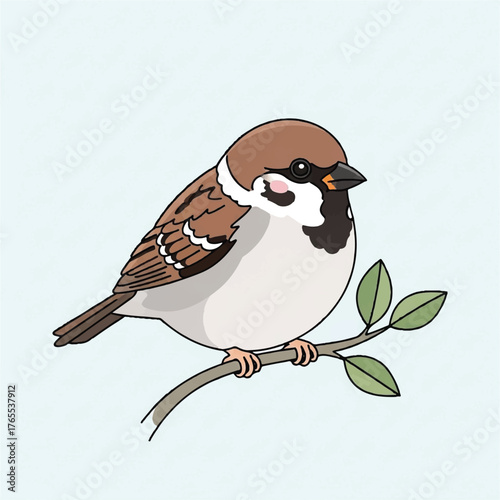 Charming cartoon sparrow illustration a small brown and white bird perched on a green leafy branch, depicting nature's calm and simple beauty