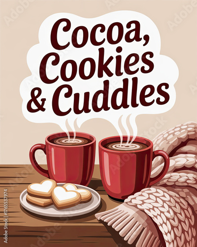 Cozy Winter Scene with Hot Cocoa, Heart Cookies, and Knit Blanket
