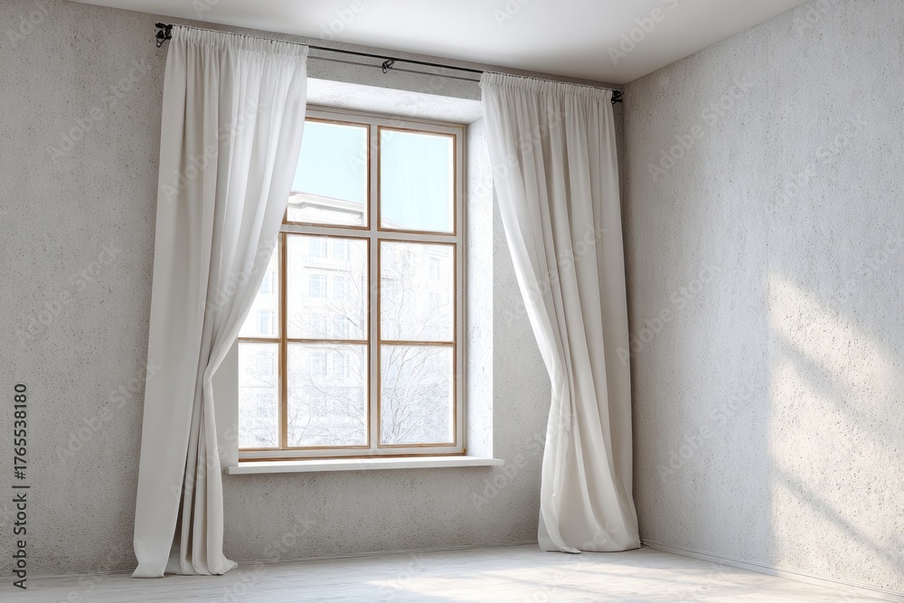 Fototapeta premium Minimalist room with large window and white curtains.