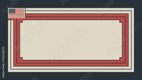 A cream colored rectangle with a red border and an american flag in the upper left corner area space