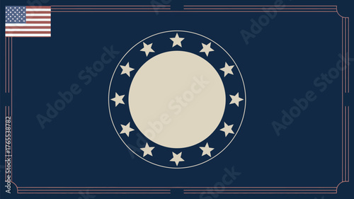 A stylized image of an american flag and a circle of stars on a blue background with a border design