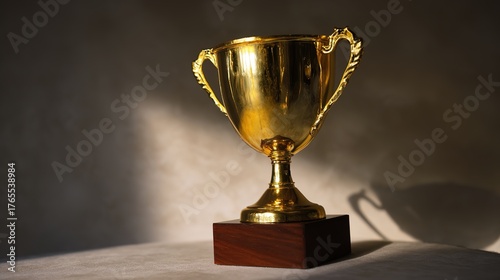 elite. A shining gold trophy on a velvet podium with dramatic spotlight. event key visuals, club posters, designed for fitness apps and gym onboarding, drives event promotion.