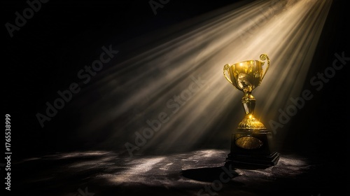 elite. A shining gold trophy on a velvet podium with dramatic spotlight. event key visuals, club posters, designed for fitness apps and gym onboarding, drives event promotion.