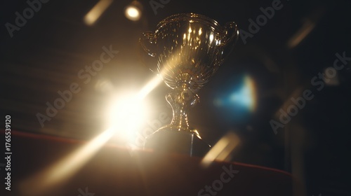 elite. A shining gold trophy on a velvet podium with dramatic spotlight. event key visuals, club posters, designed for fitness apps and gym onboarding, drives event promotion.