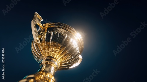 elite. A shining gold trophy on a velvet podium with dramatic spotlight. event key visuals, club posters, designed for fitness apps and gym onboarding, drives event promotion.