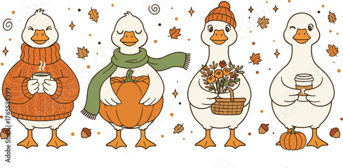 Cute cozy goose illustration vector, autumn duck wearing sweater scarf hat holding pumpkin coffee and flowers, fall season character art in warm brown and orange tones,