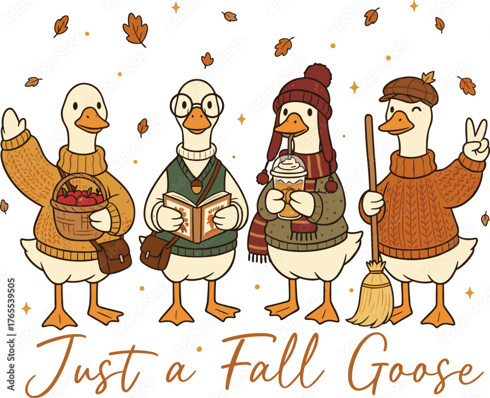 Fototapeta premium Just a thankful goose illustration vector, cute autumn ducks wearing cozy sweaters and fall outfits holding pumpkin coffee and harvest basket, thanksgiving character art in warm orange brown tones