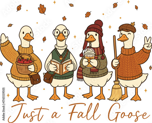 Just a thankful goose illustration vector, cute autumn ducks wearing cozy sweaters and fall outfits holding pumpkin coffee and harvest basket, thanksgiving character art in warm orange brown tones