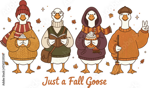 Just a thankful goose illustration vector, cute autumn ducks wearing cozy sweaters and fall outfits holding pumpkin coffee and harvest basket, thanksgiving character art in warm orange brown tones