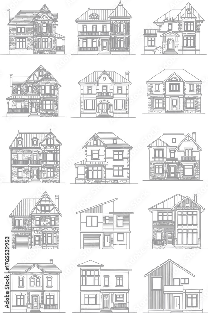 Obraz premium Collection of hand drawn architectural sketches of diverse residential house designs and building elevations