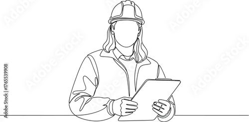 Minimalist line drawing of a female construction worker in hard hat holding clipboard and tools