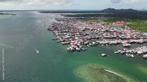 Aerial footage of traditional fisherman village at Semporna, a city on east coast of Sabah in Malaysia, Tawau District, Borneo island