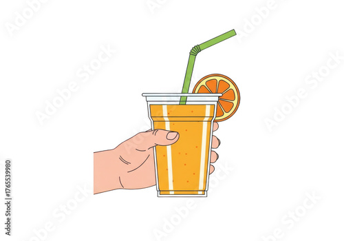 Hand holding a refreshing glass of orange juice with a straw and orange slice isolated on transparent background