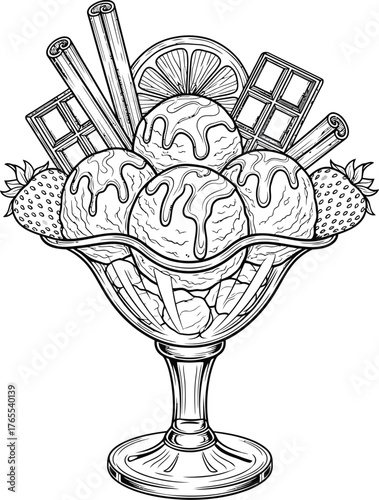 Elegant antique crystal glass coupe filled with scoops of ice cream and wafer cookies in a vintage dessert illustration