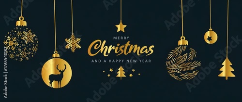 christmas greetings with golden hanging decoration deer tree and snowflakes illustrated animation