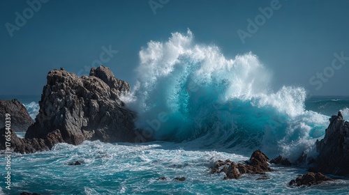 Fototapeta Naklejka Na Ścianę i Meble -  Dramatic ocean wave crashes powerfully against rugged coastal rocks creating a stunning display of nature's raw energy and beauty