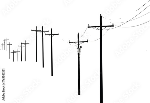 Minimalist black and white photograph of telephone poles standing in a vast white snowy landscape