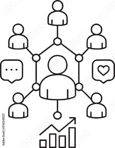 Network of human interaction: A visual representation of a central hub connected with diverse individuals. This image portrays seamless communication, growth, and influence in a connected society.